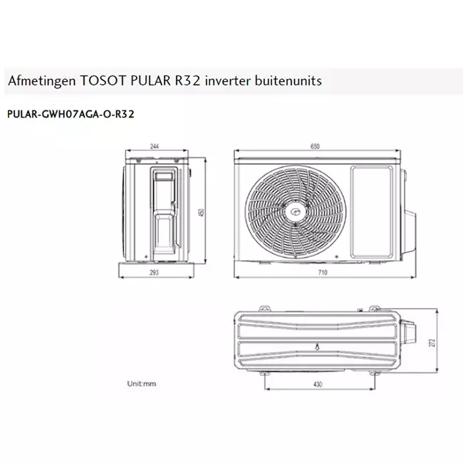Tosot PULAR by GREE single split airco R32 2,2 kW set - Afmetingen