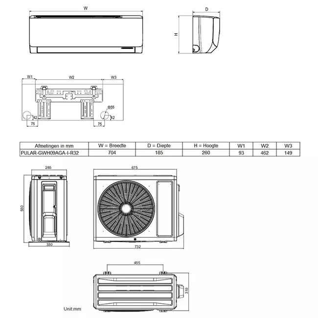Tosot PULAR by GREE single split airco R32 2,5 kW set - Afmetingen