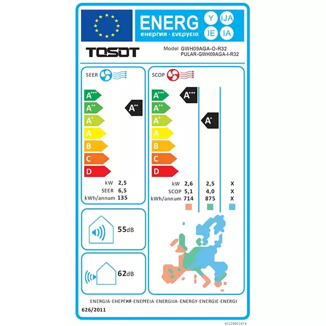 Tosot PULAR by GREE single split airco R32 2,5 kW set - Energielabel