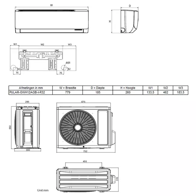 Tosot PULAR by GREE single split airco R32 3,5 kW set - Afmetingen