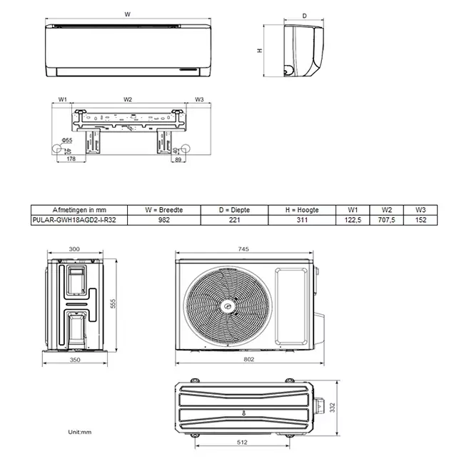 Tosot PULAR by GREE single split airco R32 5,0 kW set - Afmetingen