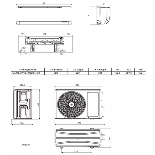 Tosot PULAR by GREE single split airco R32 7,0 kW set - Afmetingen
