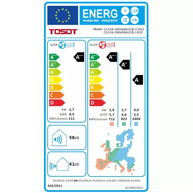 Tosot CLIVIA by GREE Inverter airco Black R32 2,5 kW set - Energielabel